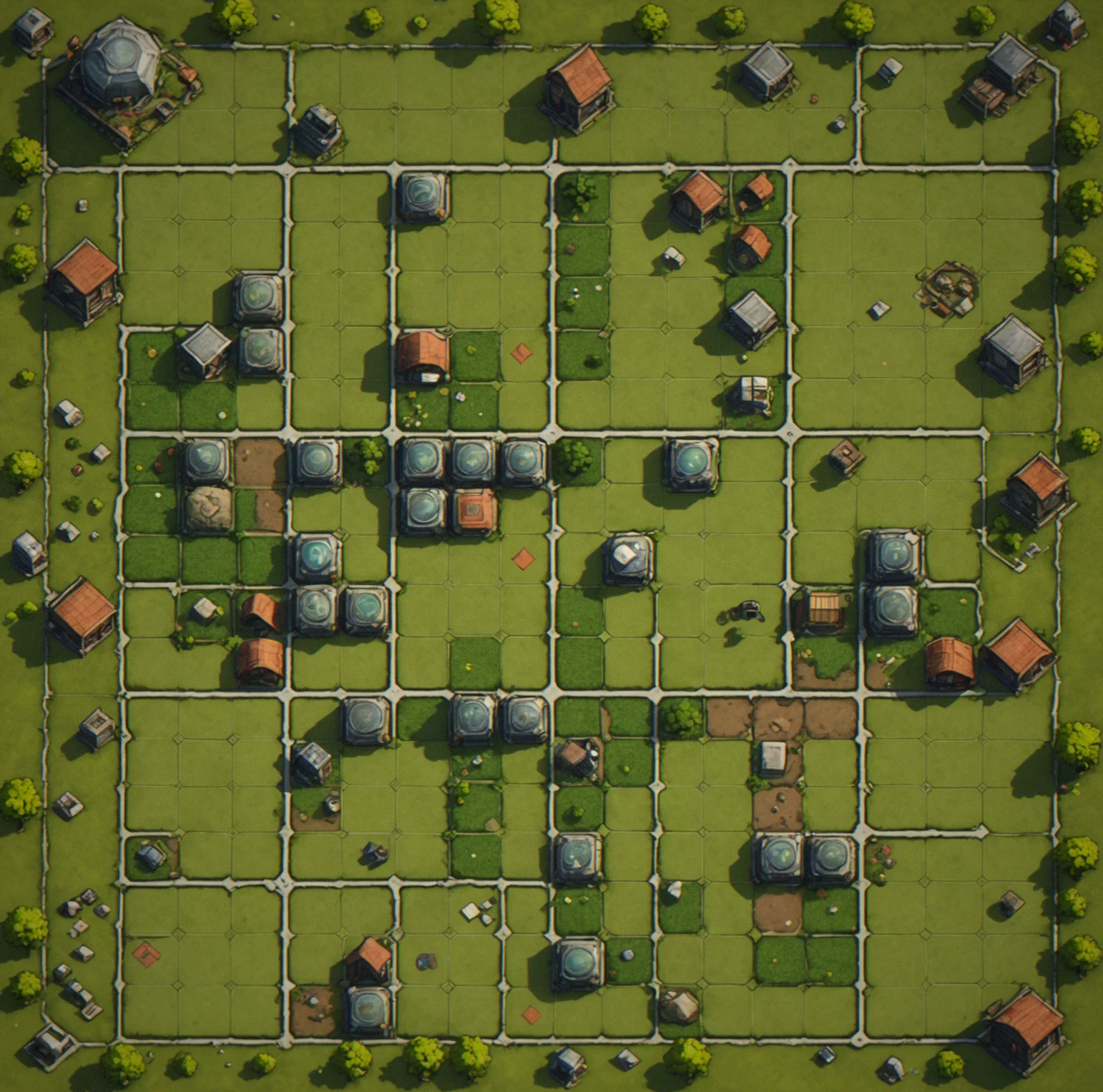 Overhead tactical map showing your settlement with plus signs, rival factions as letters, and resource nodes spread across green tiles