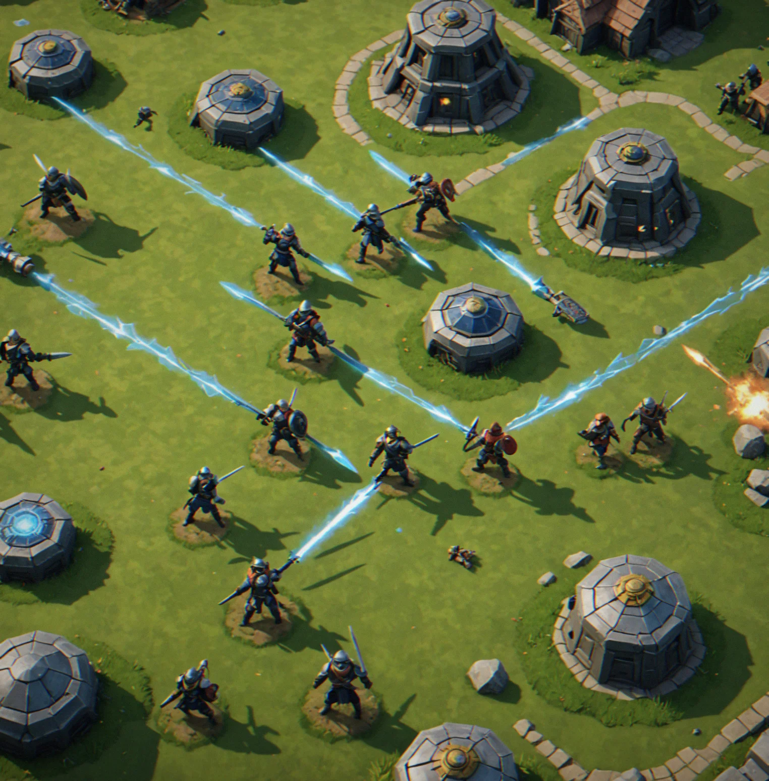 Close-up of combat with melee units lined up against enemies, damage numbers floating above everyone, turn order shown at the bottom