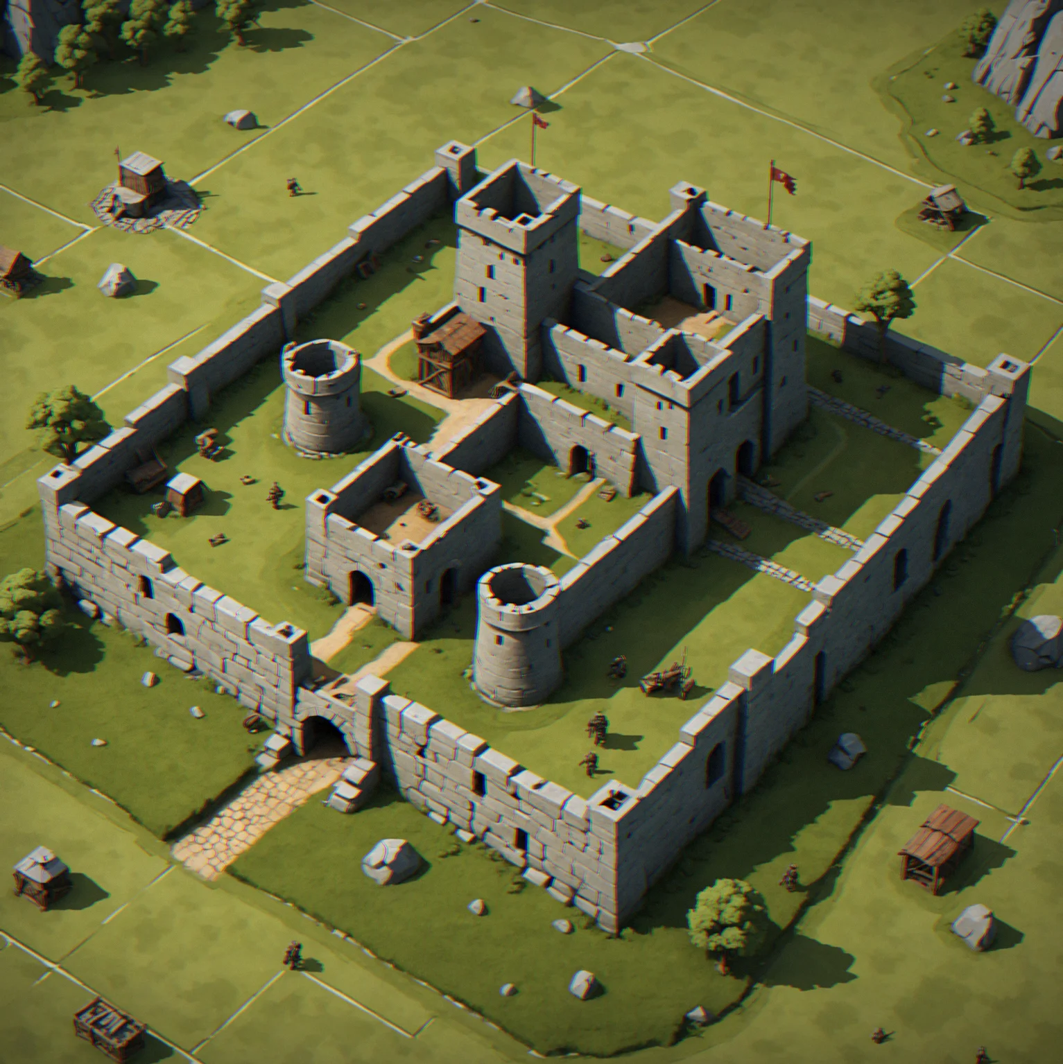 Fortress design with walls creating kill zones, watchtowers marked by brackets, granary and barracks tucked behind the defenses