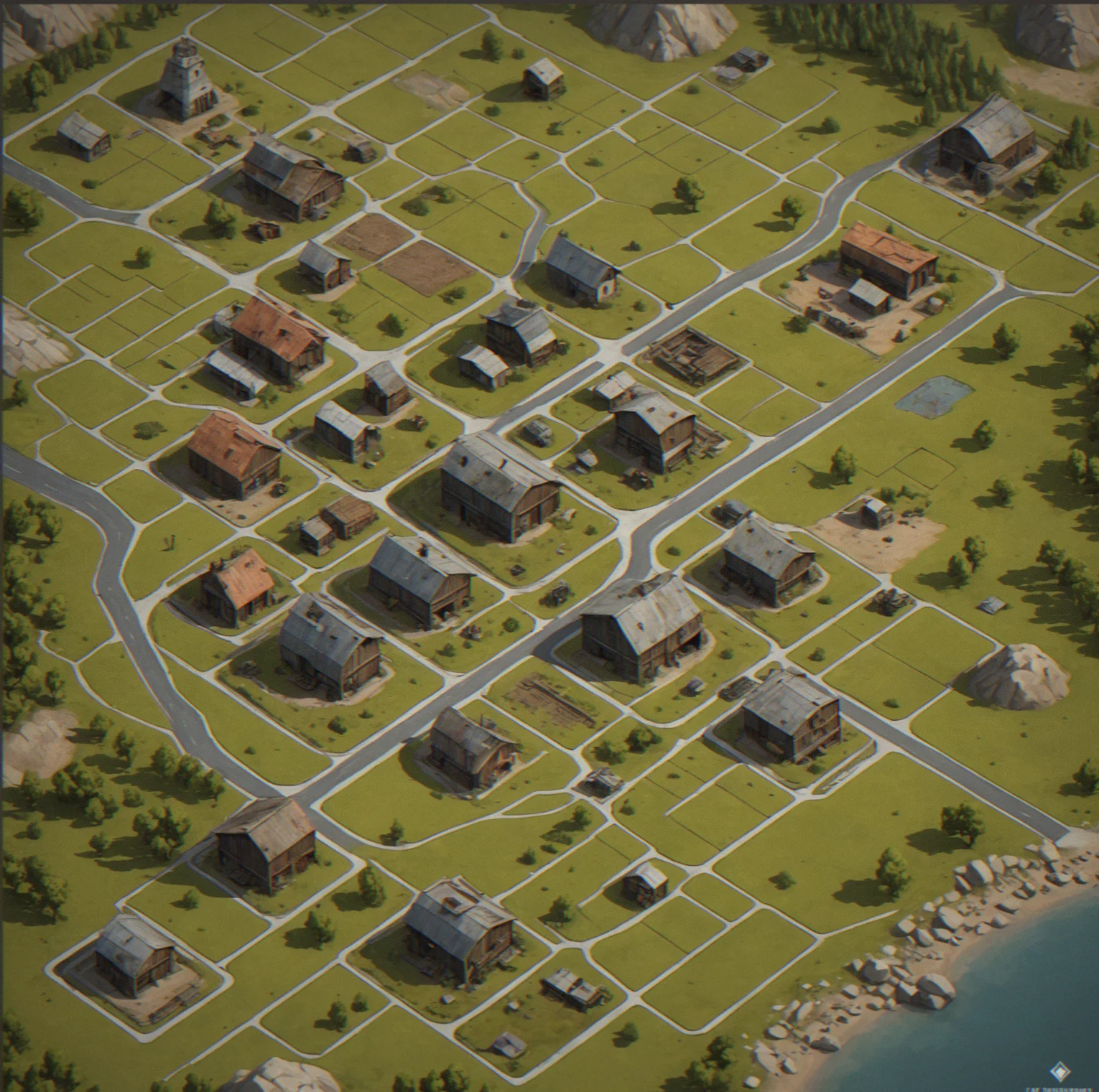 Three settlements mid-expansion connected by roads, old mining areas picked clean, new territory opening up