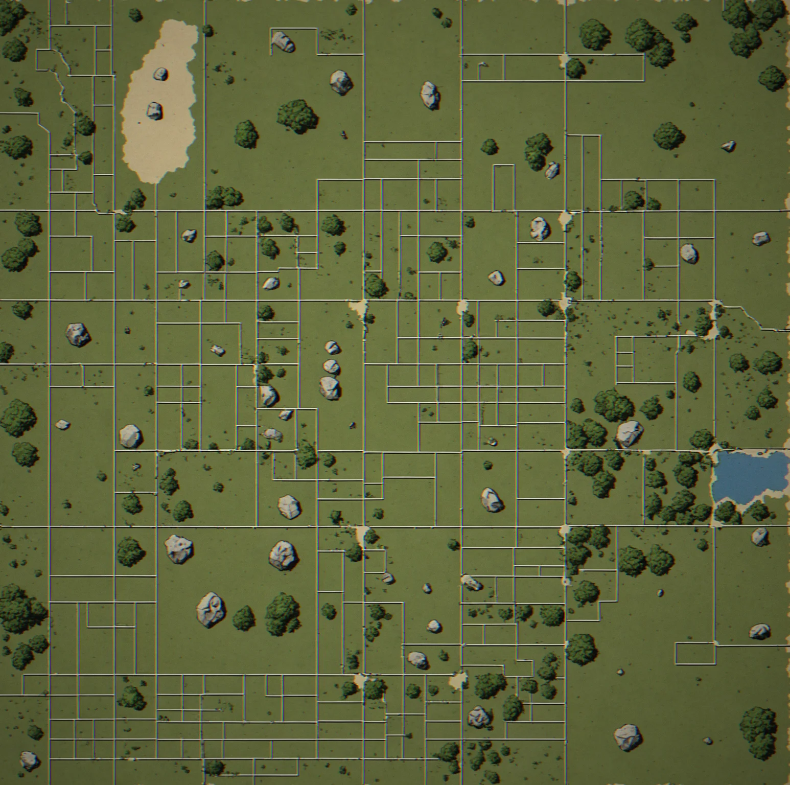 ASCII grid-based map with resource icons, unit positions, and terrain elements in retro monochrome
