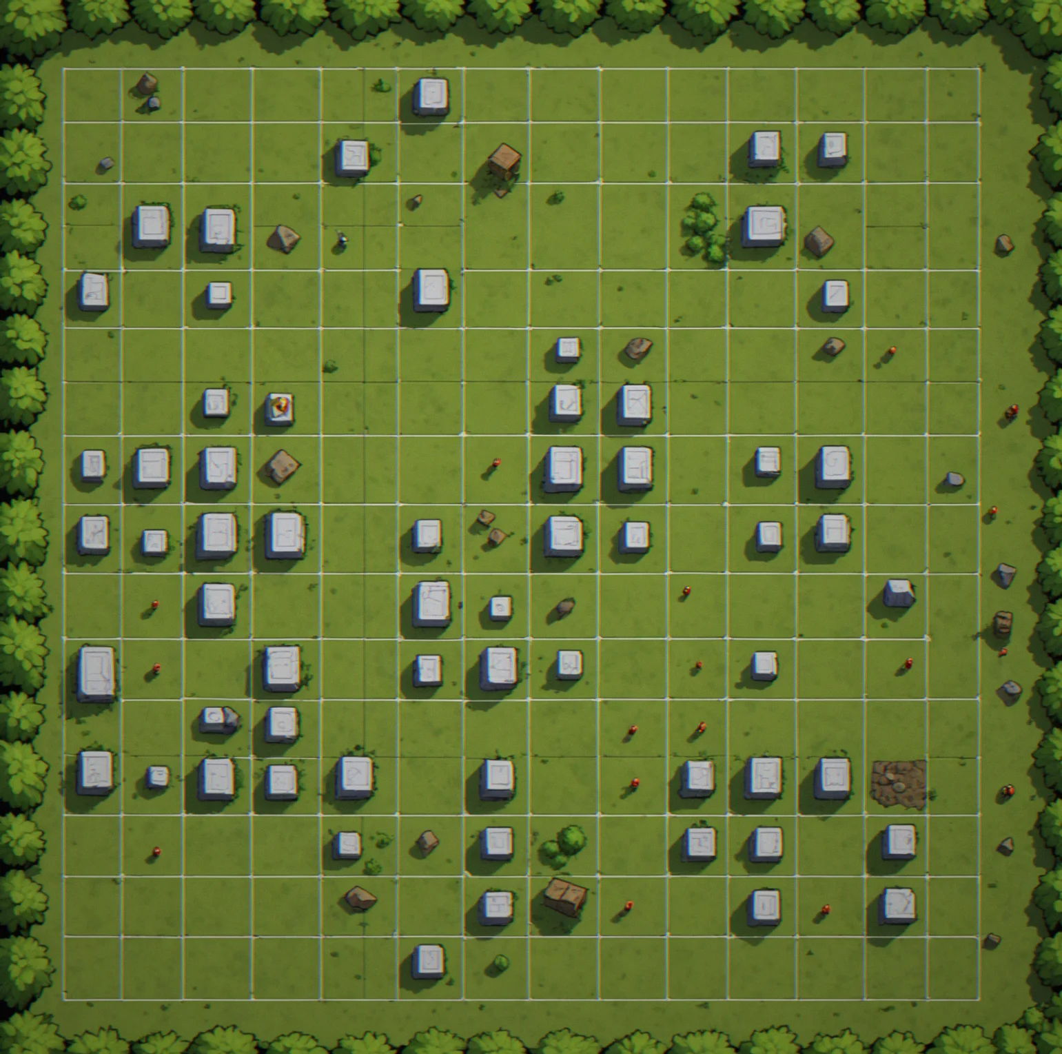 Grid battlefield with unit positions shown as ASCII characters, walls drawn as hash marks, resource piles marked with asterisks